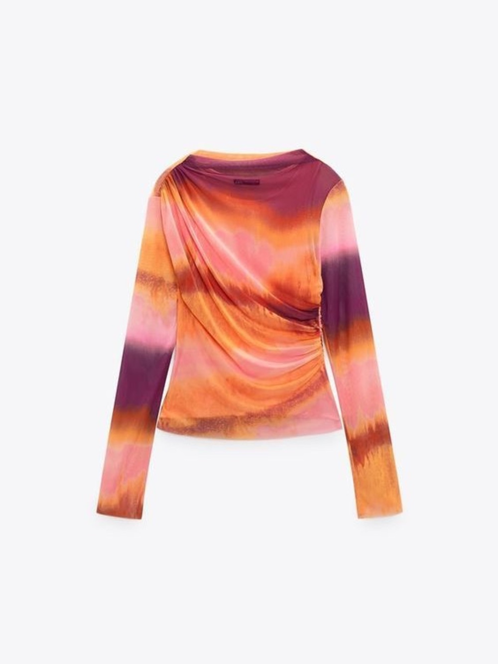 ZARA Abstract Tie-Dye Long-Sleeve Draped Top - Pink & Orange